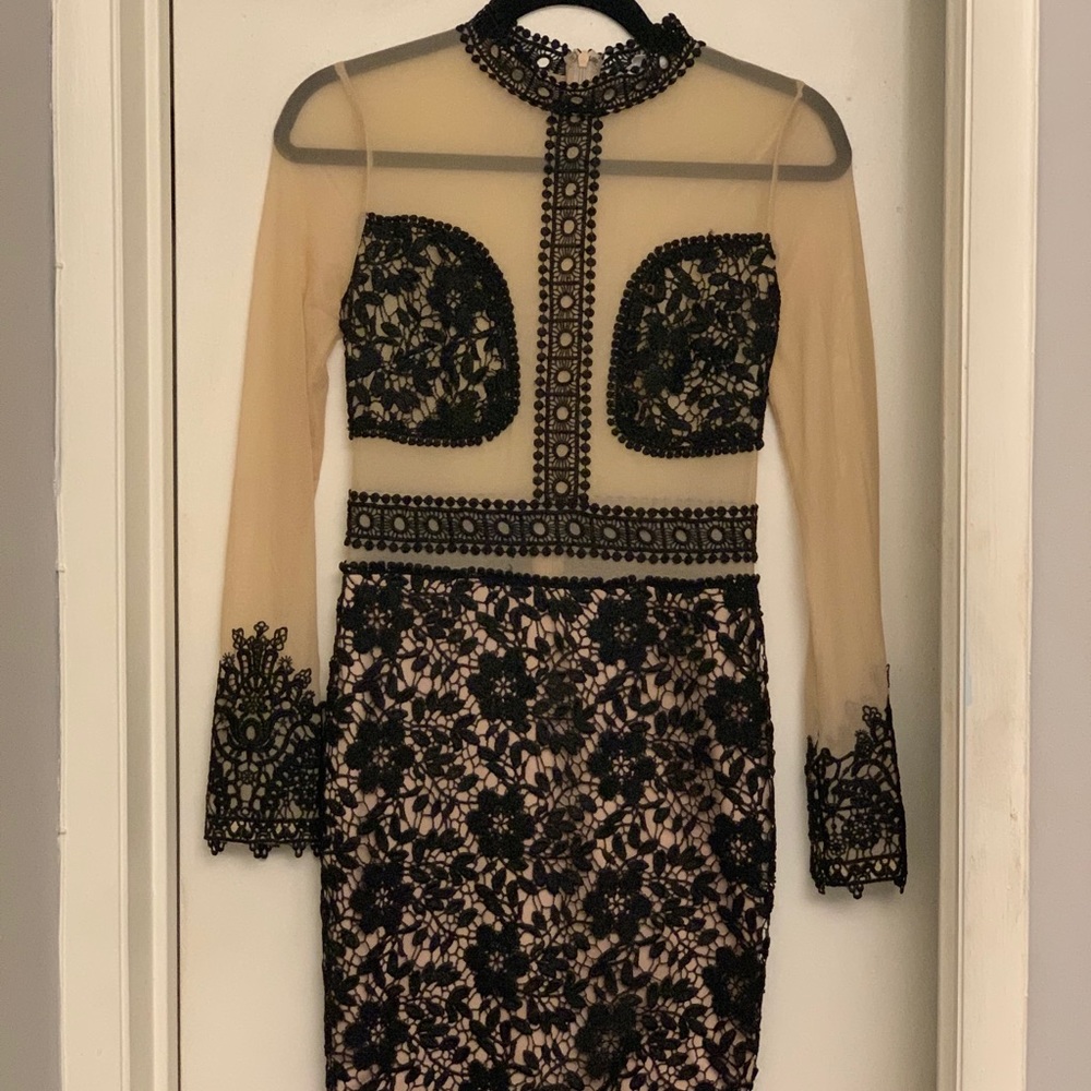 Embroidered nude dress w/ mesh.